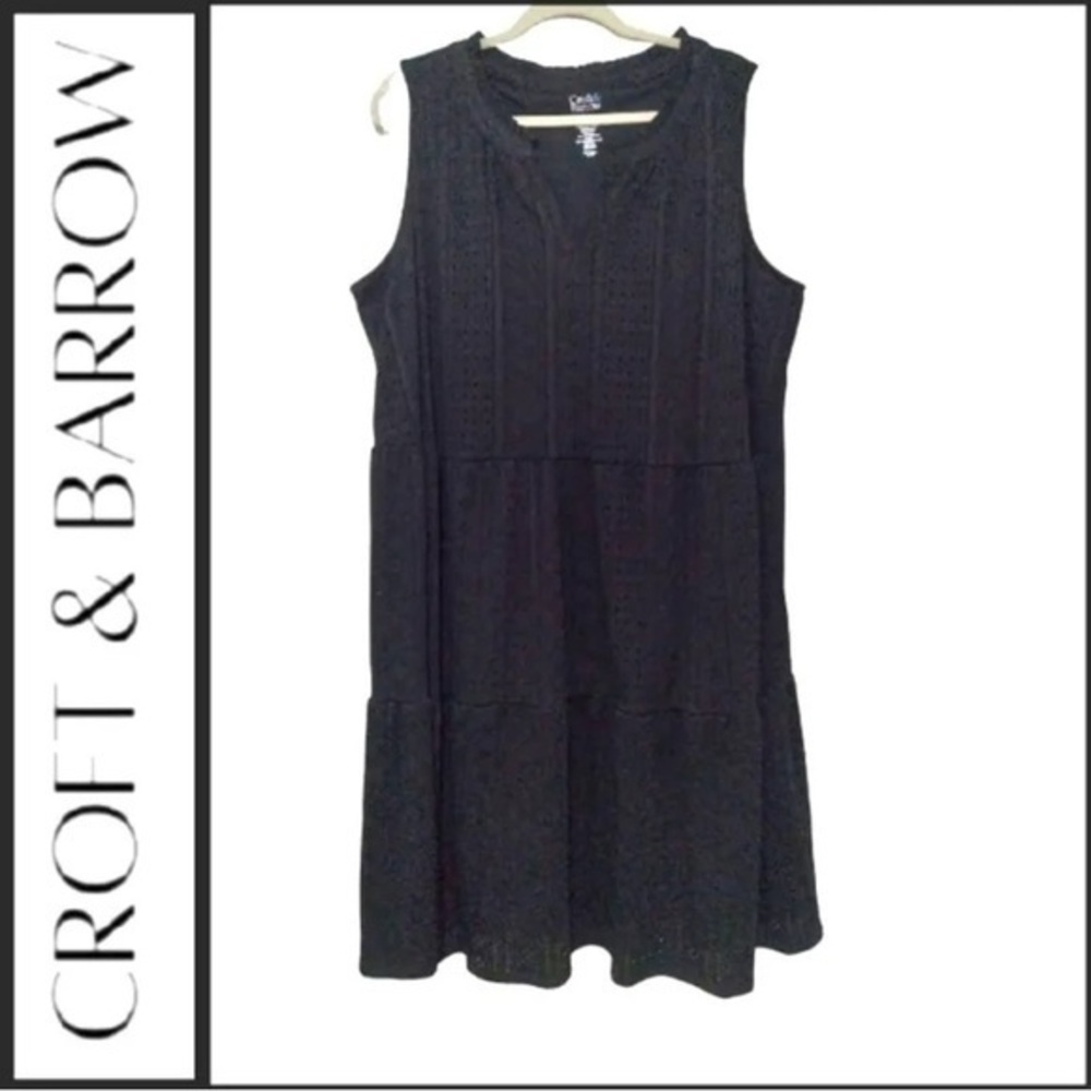 CROFT BARROW Womens 1X Black Lined Eyelet Tiered Midi Dress Sleeveless Tank